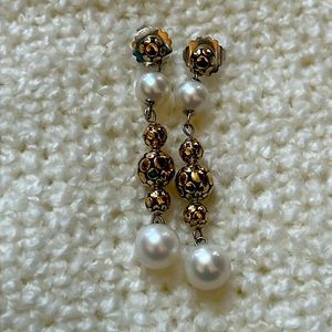 EUC John Hardy Sterling Silver & Gold Dot White Pearl Dangle Stud Earrings